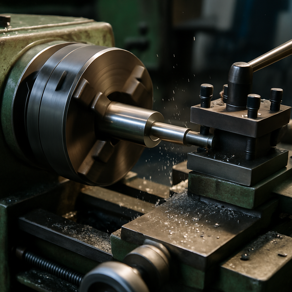 Torno CNC em operação usinando peça metálica - Usimacom